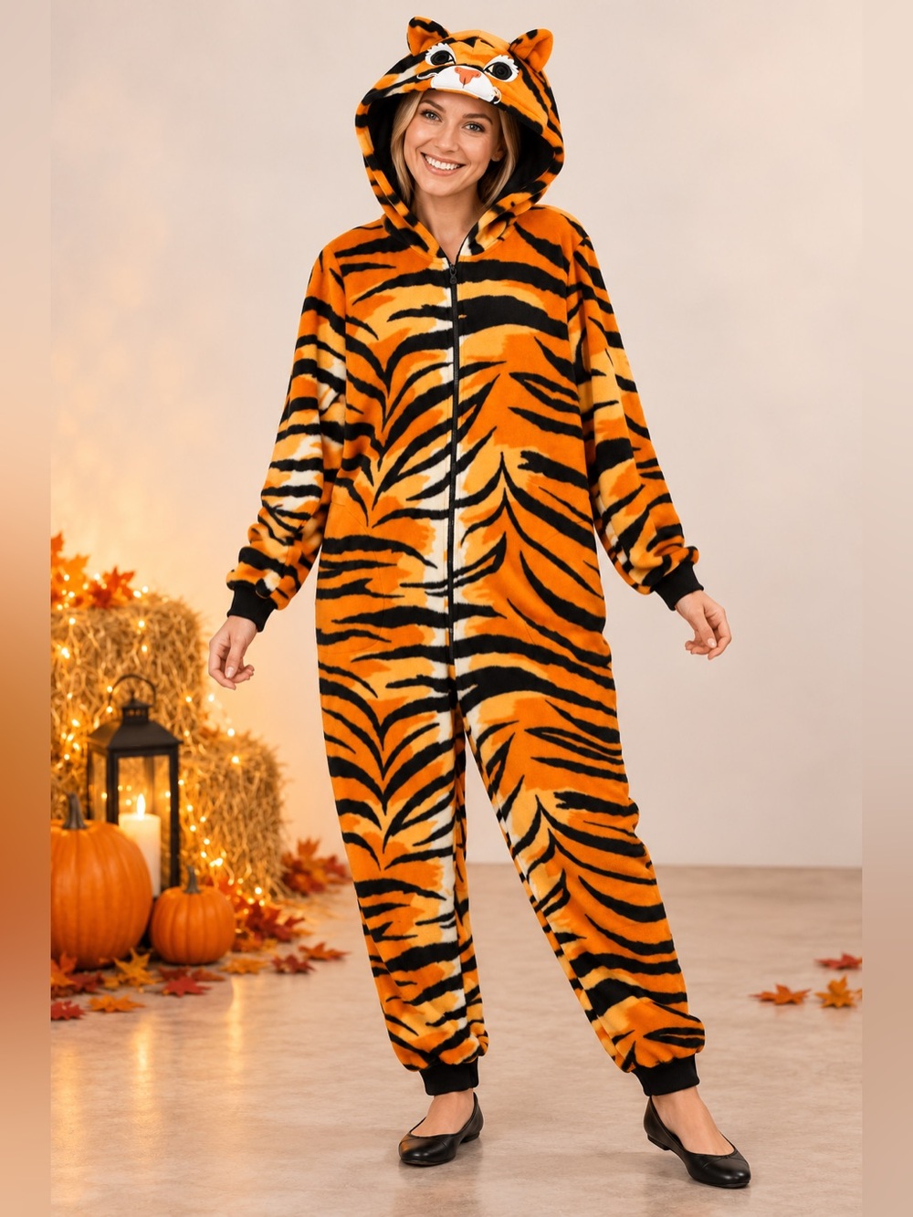 Nick & Nora Orange Tiger Plush Hooded Halloween Soft Sleep Jumpsuit Size L